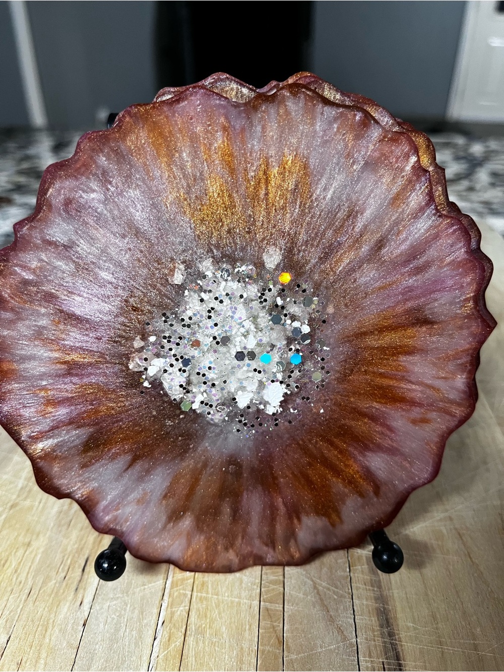 Handmade Metallic Copper Floral Coaster with Glitter Center
